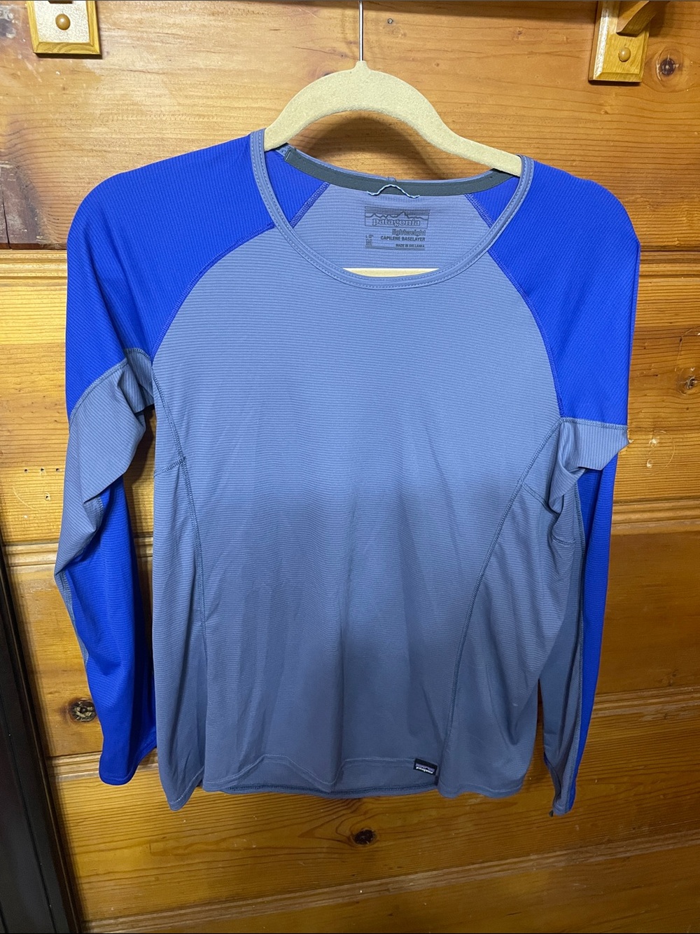 Patagonia Gray Body with Blue Raglan Long-Sleeve Performance Tee
